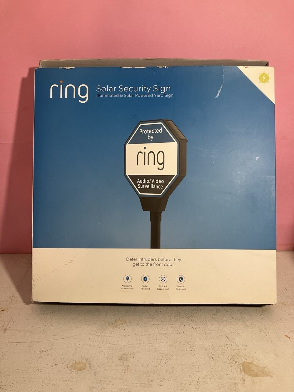 RING Solar Yard Sign Lights Up Authentic Security Surveillance - New (Open Box)